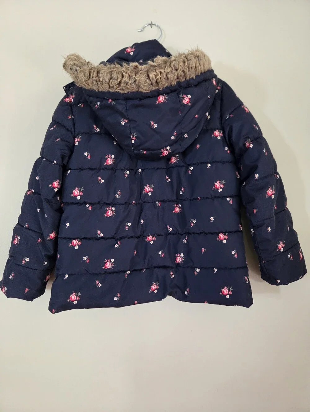 Gap Kids Girls Navy Floral Puffer Coat with Faux Fur Hood Small